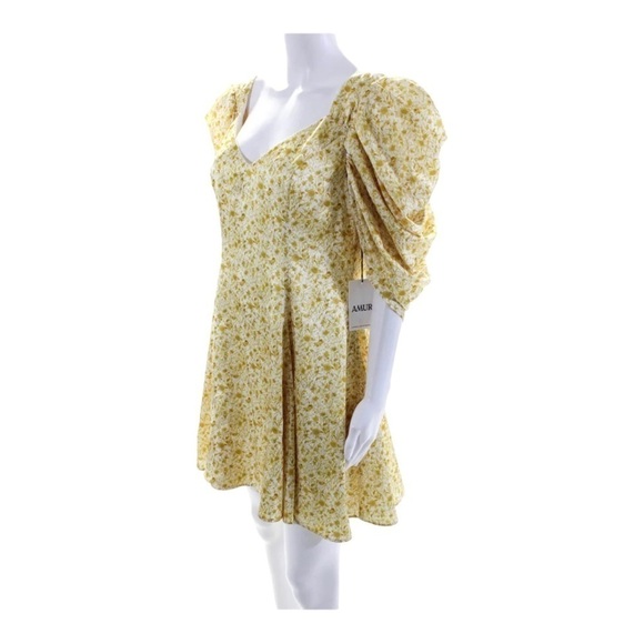 NWT AMUR Fit and Flare Puff Sleeve Mini Dress Marigold Dandelion Size US 10 - Picture 9 of 13